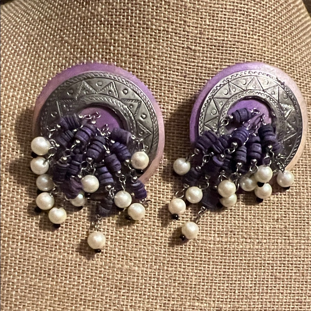 Purple and Silver Disc Earrings Done in Southwest Style